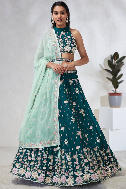 Peacock Blue Chinnon Sequins Embroidered Lehenga For Mehndi 