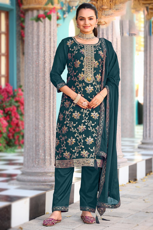 Peacock Blue Chinnon Trouser Suit With Weaved Work For Festival 