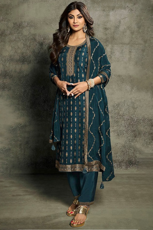 Peacock Blue Chinnon Woven Zari Straight Cut Suit