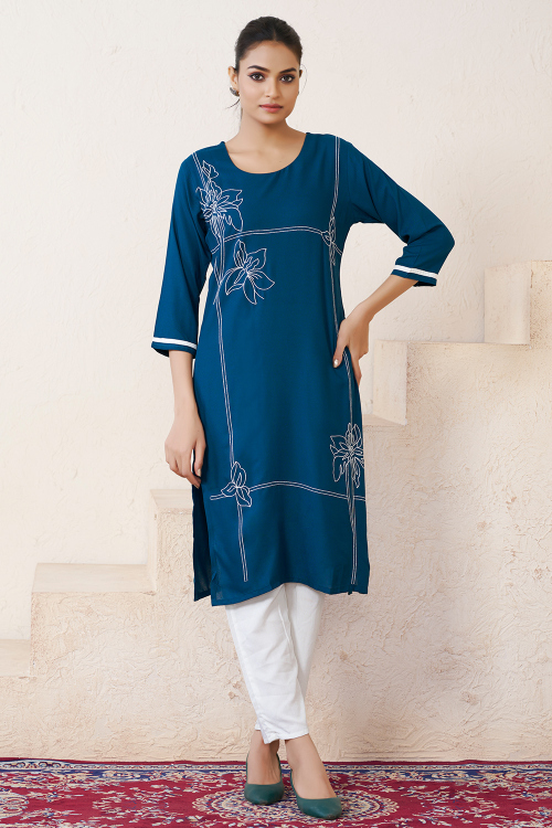 Peacock Blue Cotton Silk Kurti With Resham Thread Work