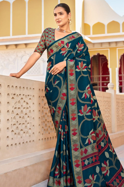 Peacock Blue Cotton Silk Light Weight Weaved Thread Saree