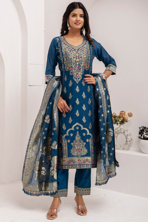 Peacock Blue Cotton Silk Straight Cut Trouser Suit With Weaved Work 