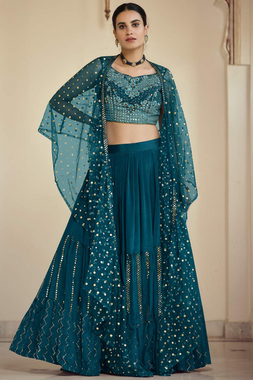 Peacock Blue Crepe Party Wear Embroidered Lehenga