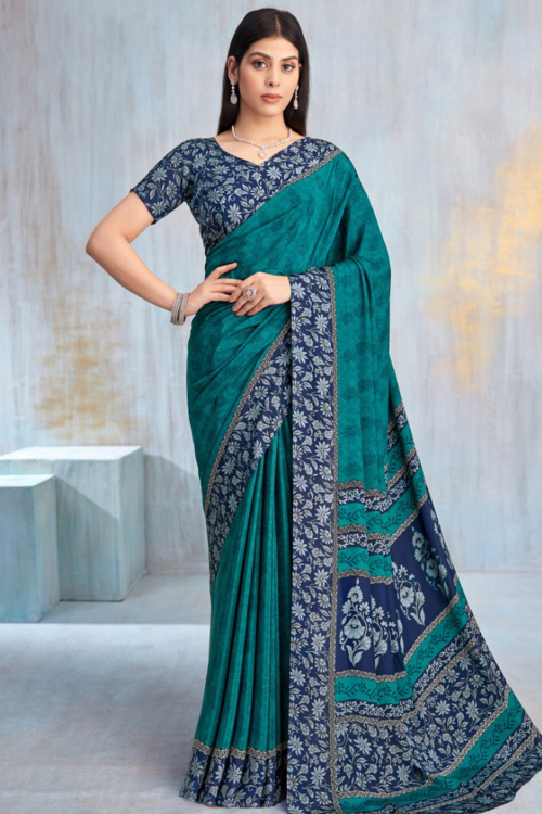 Peacock blue crepe saree with printed work for navratri festival
