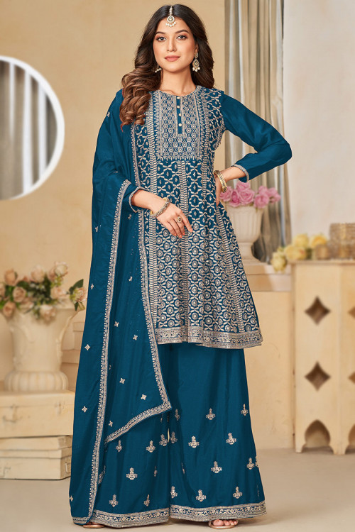 Peacock Blue Embroidered Chinnon Frock Style Palazzo Suit 