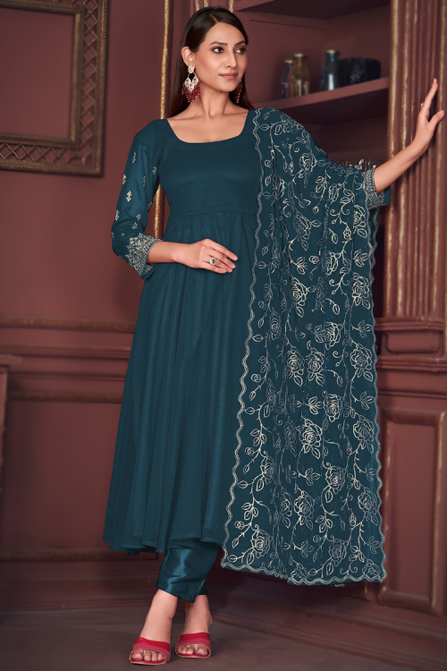 Peacock Blue Georgette Embroidered Anarkali Suit For Sangeet 