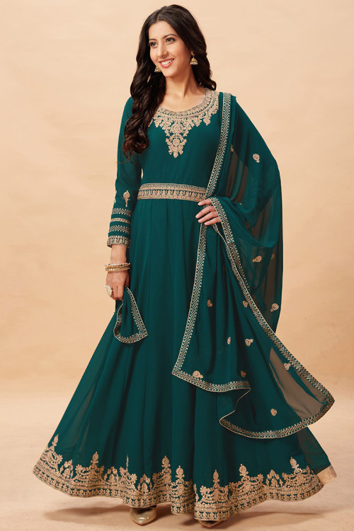 Georgette Peacock Blue Zari Embroidered Party Wear Anarkali Suit