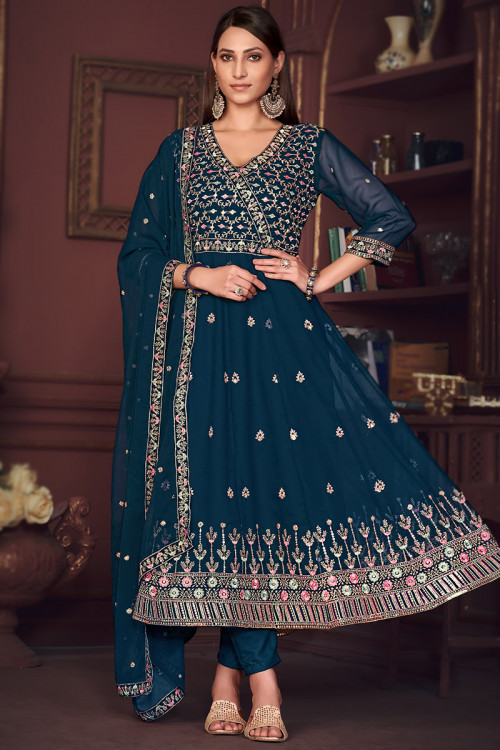 Peacock Blue Georgette Embroidered Angrakha Style Anarkali Suit 
