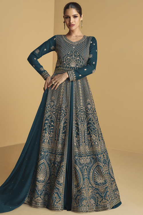 Peacock Blue Georgette Embroidered Front Slit Anarkali Suit 