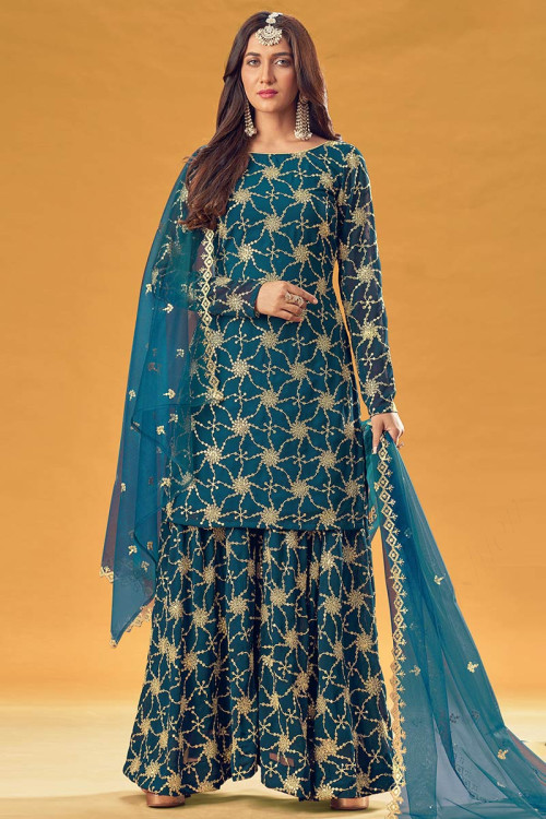 Peacock Blue Georgette Sharara Suit for Wedding Wear