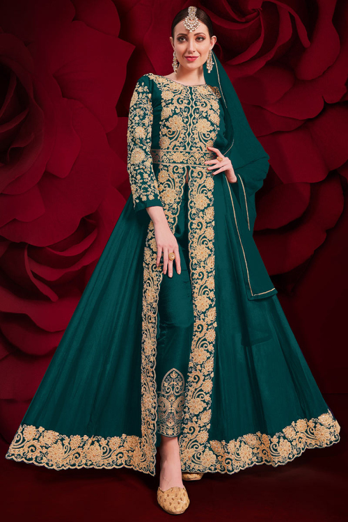 Peacock Green Georgette Embroidered Wedding Trouser Suit