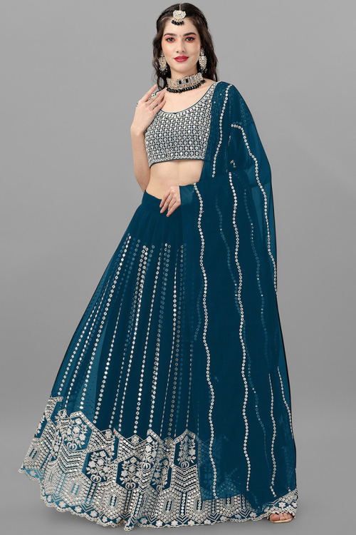 Peacock Blue Georgette Floor Length Lehenga