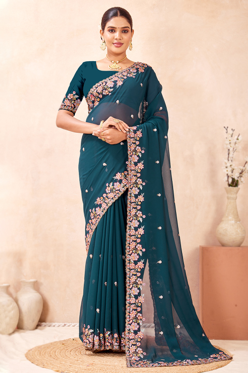 Peacock Blue Georgette Light Weight Resham Thread Saree 