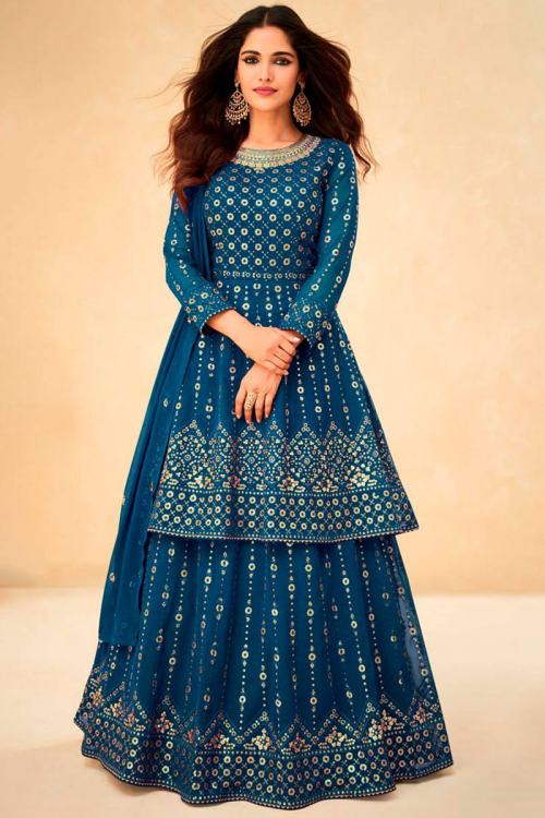 Peacock Blue Georgette Long Choli Embroidered Lehenga
