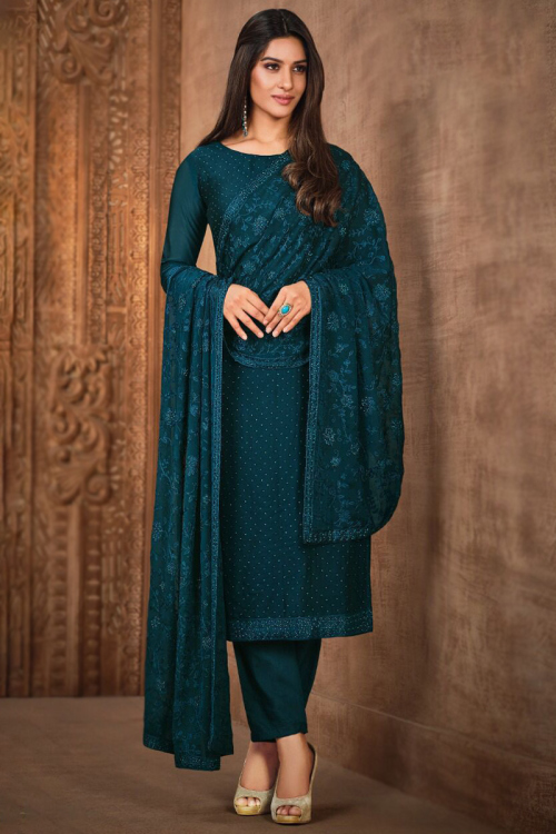 Peacock Blue Georgette Straight Cut Trouser Suit