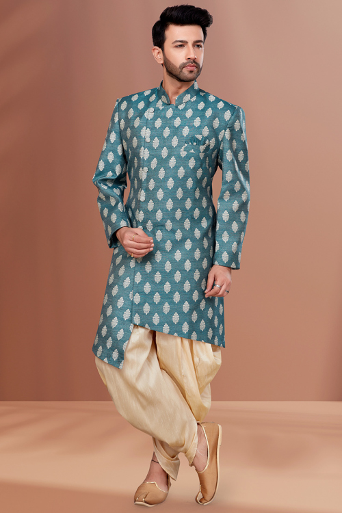 Peacock Blue Jacquard Woven Men's Sherwani