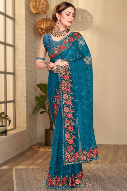 Party Wear Thread Embroidered Peacock Blue Saree in Net