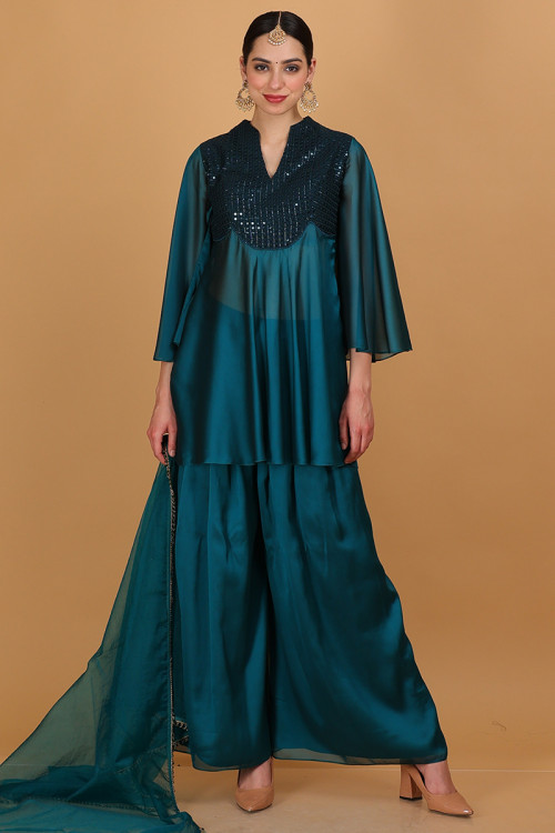 Peacock Blue Patch Embroidered Georgette Palazzo Suit