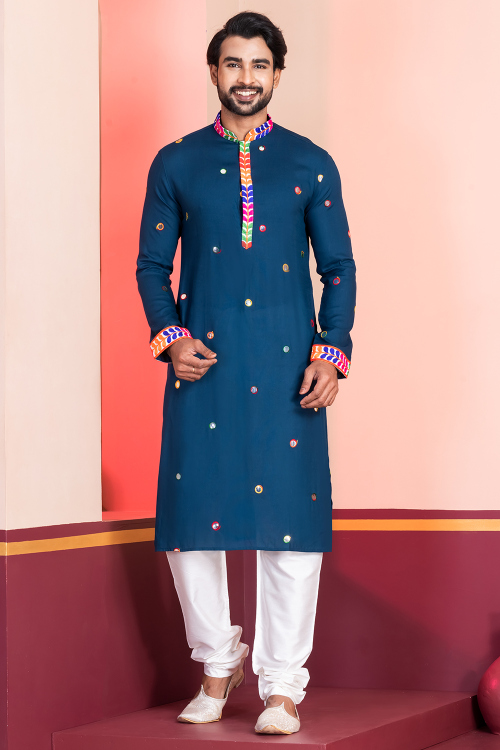 Peacock Blue Rayon Embroidered Men's Straight Cut Kurta Churidar