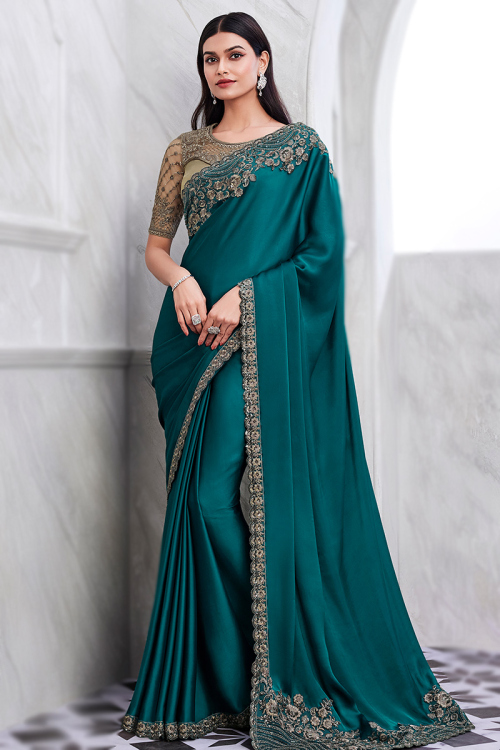 Peacock Blue Satin Silk Embroidered Light Weight Saree