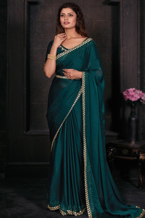 Peacock Blue Satin Stone Work Shimmer Saree