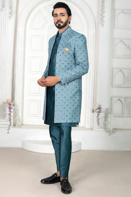Peacock Blue Silk Embroidered Jacket Style Men's Kurta Pajama 