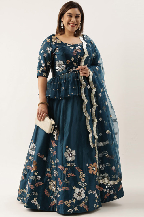 Peacock Blue Silk Embroidered Party Wear Lehenga
