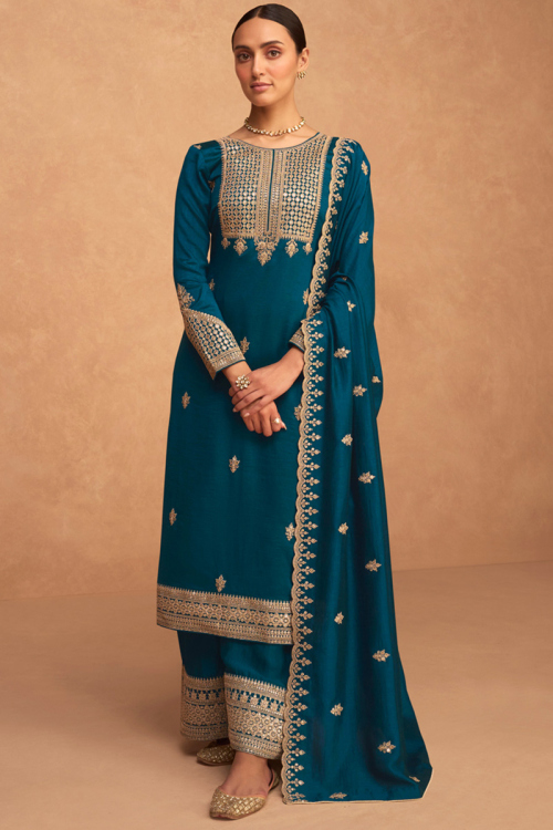 Zari Work Party Wear Trouser Suit in Peacock Blue Silk
