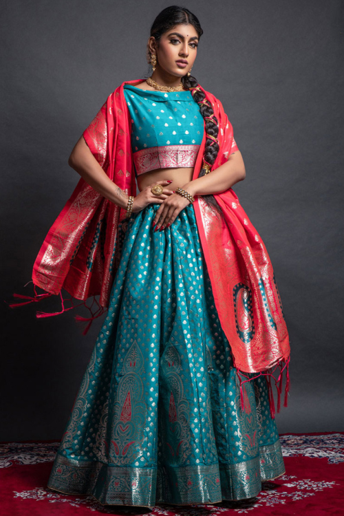 Peacock Blue Silk Woven Zari Lehenga