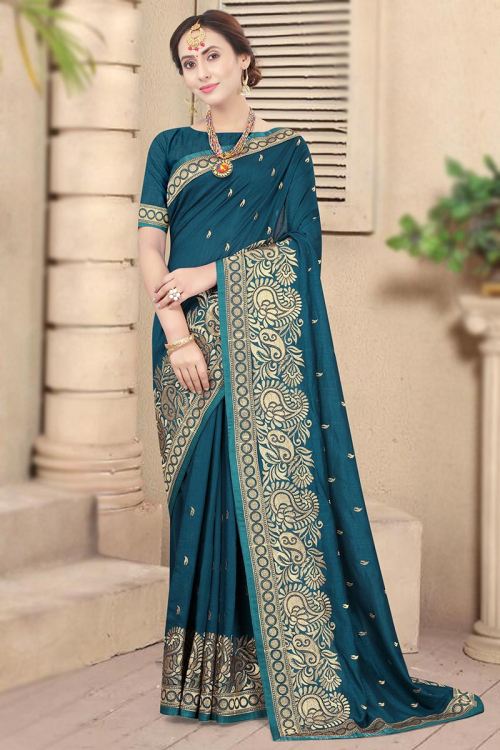 Peacock Blue Soft Silk Embroidered Saree