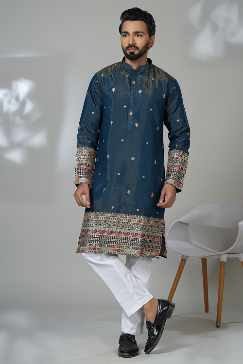 Peacock Blue Straight Cut Festival Wear Men Kurta Pajama in Cotton Silk