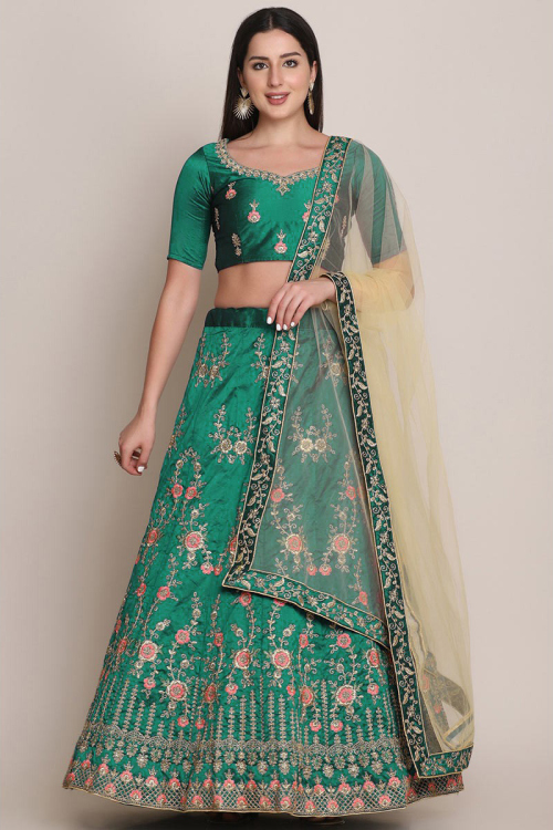 Peacock Blue Taffeta Silk Embroidered Lehenga