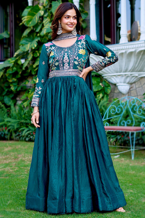 Peacock Blue Tissue Silk Embroidered Anarkali Suit 