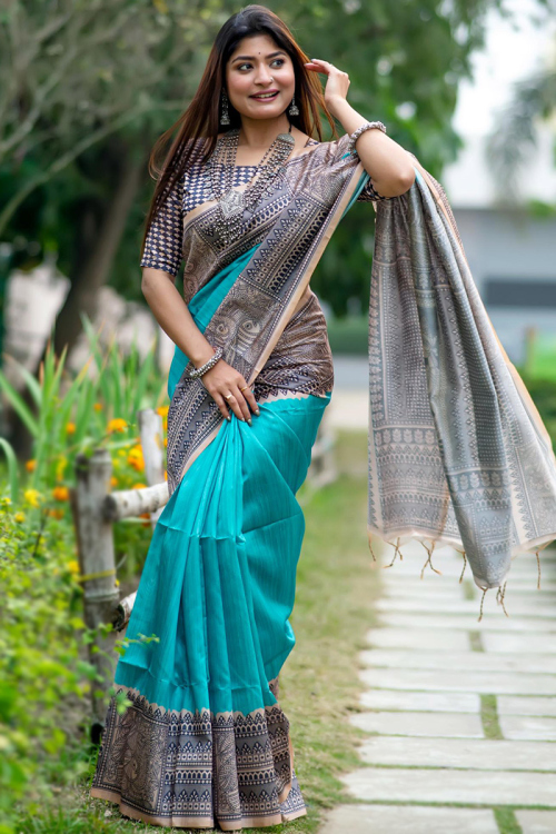 Peacock Blue Tussar Silk Madhubani Printed Saree 