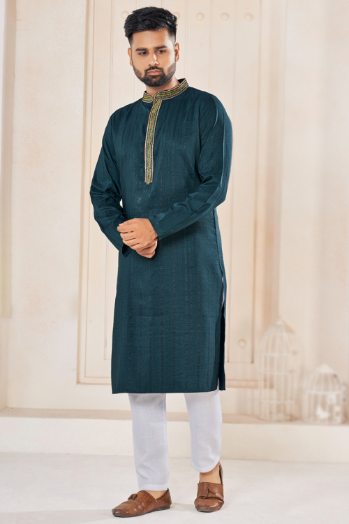 Peacock Blue Weaved Thread Viscose Men's Kurta Pajama 