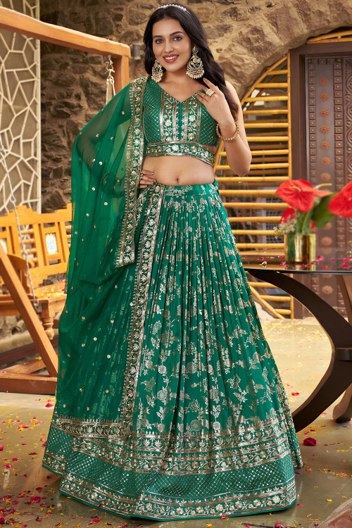 Peacock Green Art Silk A Line Lehenga With Woven Zari Work