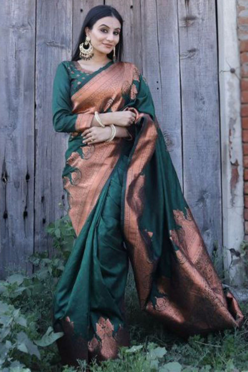Buy Banarasi Silk Green Handloom Diwali Dress Collection Online