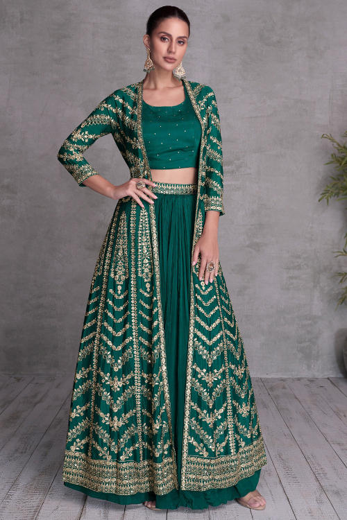 Peacock Green Chinnon Ready Made Lehenga With Zari Work For Diwali