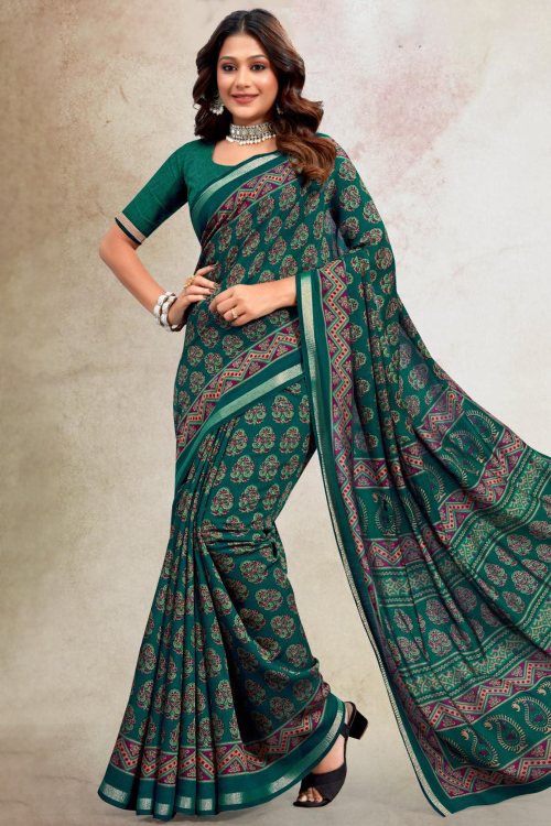 Peacock Green Cotton Printed Light Weight Saree