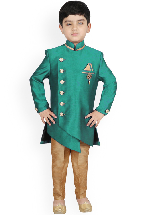 Dupion Silk Peacock Green Mehndi Men Sherwani with Lace Work