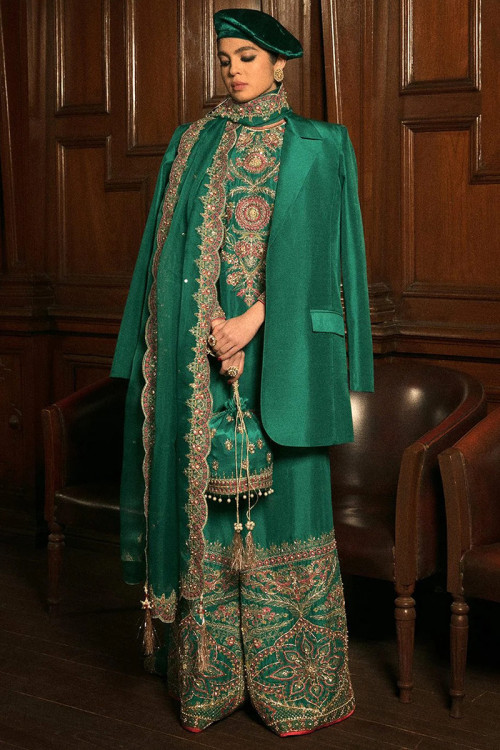 Peacock Green Embroidered Silk Palazzo Suit With Blazer 