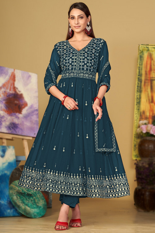 Peacock Green Georgette Embroidered Anarkali Suit For Sangeet 