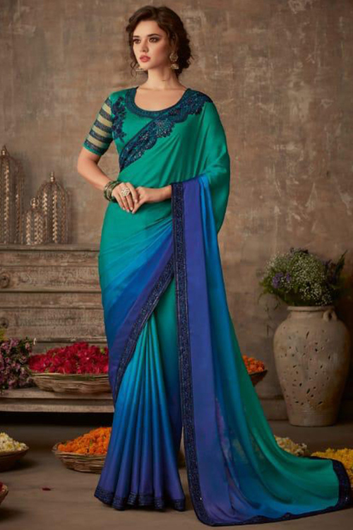 Peacock Green Georgette Embroidered Saree