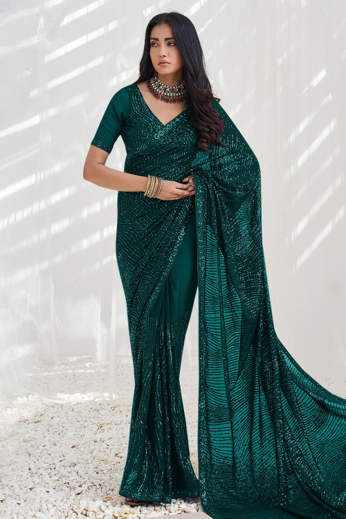 Peacock Green Georgette Sequins Embroidered Light Weight Saree