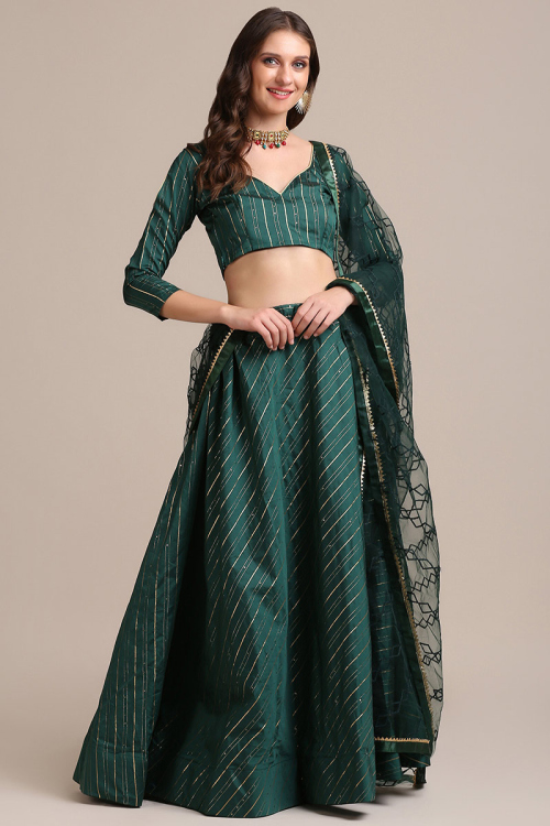 Peacock Green Georgette Woven Zari Lehenga