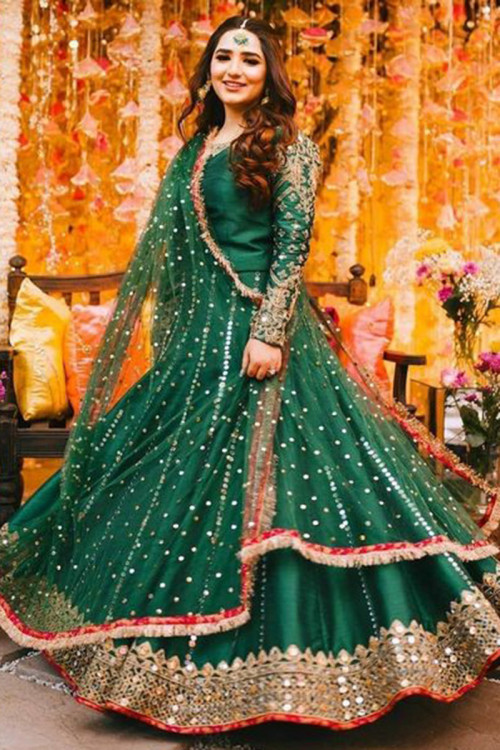 Peacock Green Lace Embroidered A Line Silk Lehenga
