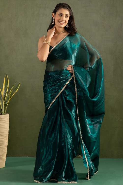 Peacock Green Organza Shimmer Saree For Mehndi