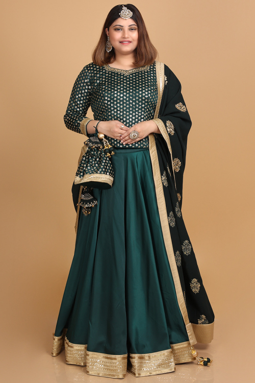 Party Wear Lace Embroidered Lehenga in Silk Peacock Green