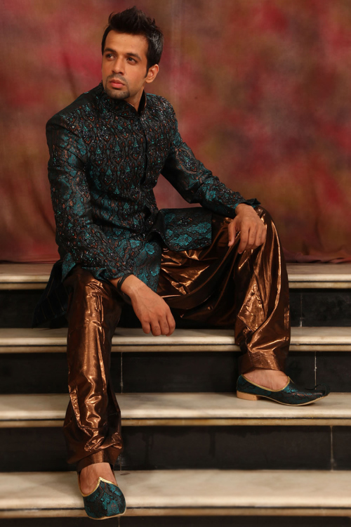 Peacock Green Silk Embroidered Men Sherwani