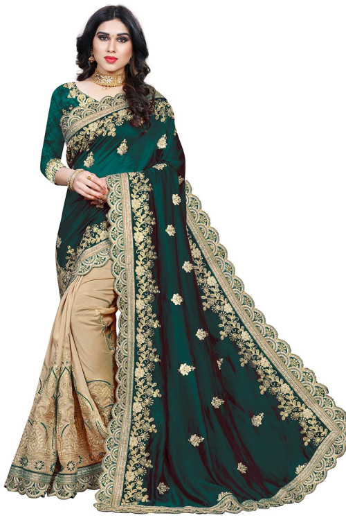 Peacock Green And Beige Silk Saree for Eid